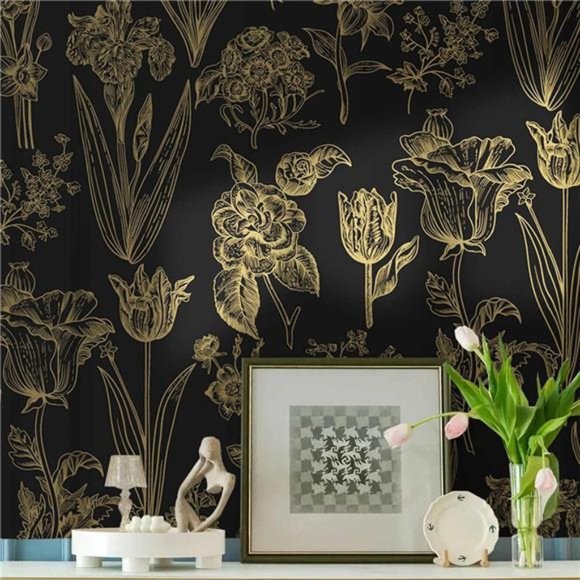78.7"x17.3" Floral Wallpaper Peel and Stick Flowers Golden Black Contact Paper